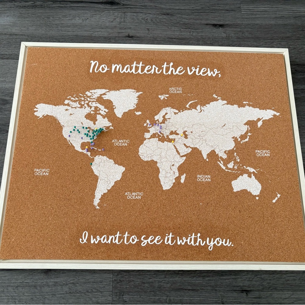 Cork World Map Wall Decor with White Frame